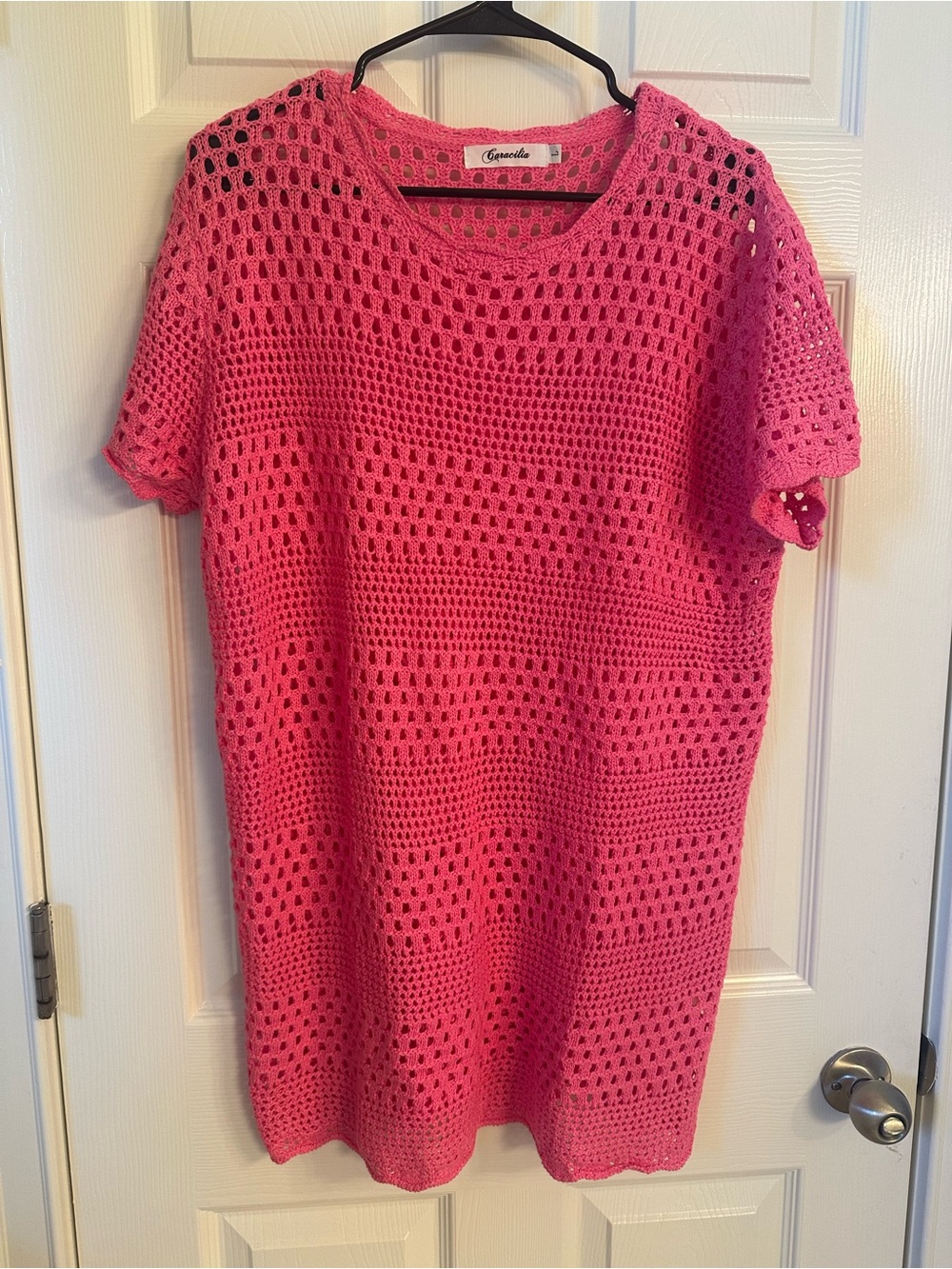 Canacilia Pink Crochet Knit Short Sleeve Top Women’s Size L Boho